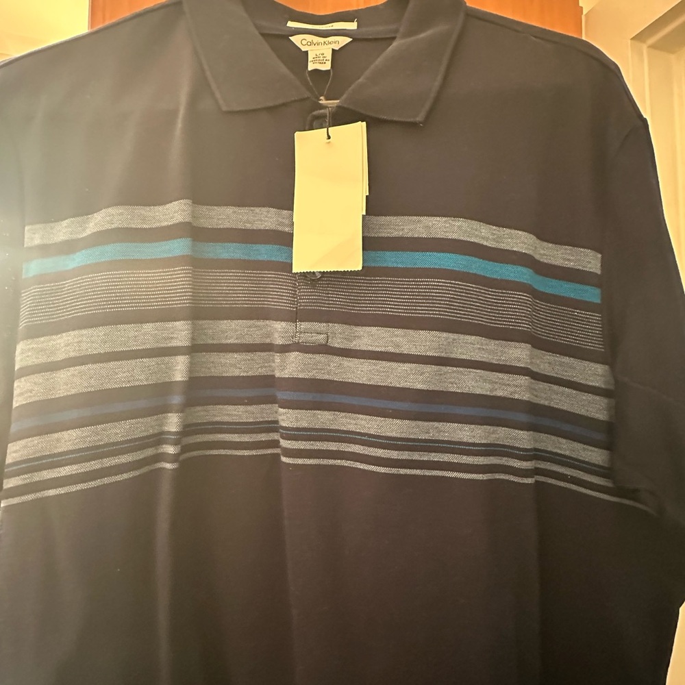 Calvin Klein Men's Polo with Blue and Gray Stripes